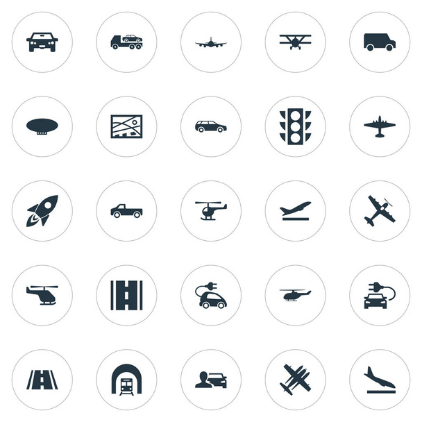 Illustrazione vettoriale Set di icone di trasporto semplice. Elementi Evacuatore, dirigibile, urbanistica e altre sinonimi Downgrade, Van e Ecologico
. - Vettoriali, immagini