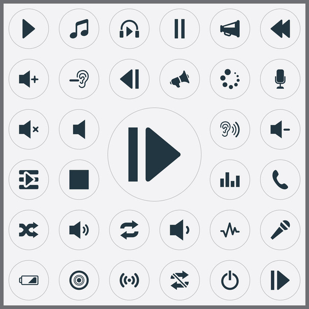 Vector Illustration Set Of Simple Music Icons. Elements Silent, Headphone, Stop And Other Synonyms Speech, Low Battery And Stop. - Vecteur, image