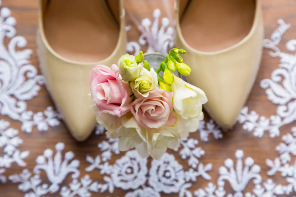 Wedding details. Bouquet and accessories of bride and groom - Photo, Image