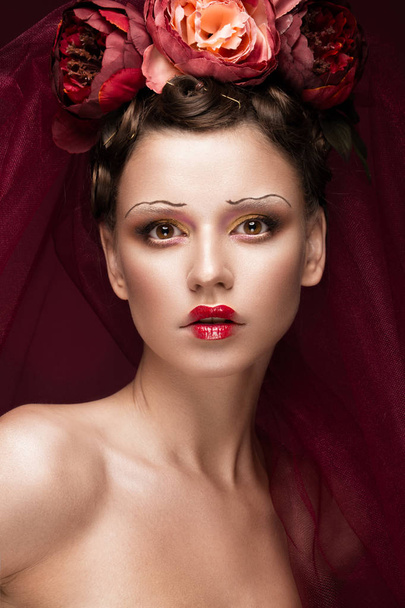 Beautiful girl with art creative make-up in image of red bride for Halloween. Beauty face. - Fotografie, Obrázek