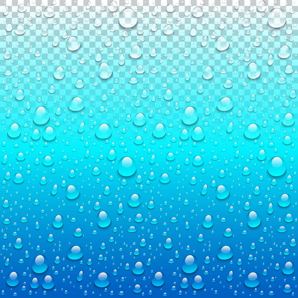 Σταγόνες νερού ρεαλιστική διάνυσμα διαφανές μπλε φόντο. Καθαρή πτώση συμπύκνωση εικονογράφηση - Διάνυσμα, εικόνα