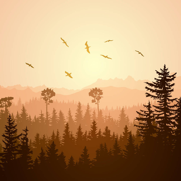 Vierkant illustratie van mistige zonsondergang forest hills. - Vector, afbeelding