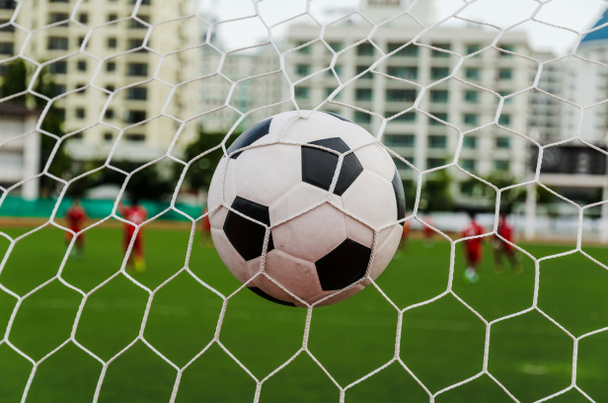 Fußball im Tornetz mit grünem Rasenfeld. - Foto, Bild
