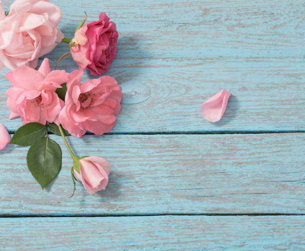Beautiful roses on blue old wooden background - Photo, Image