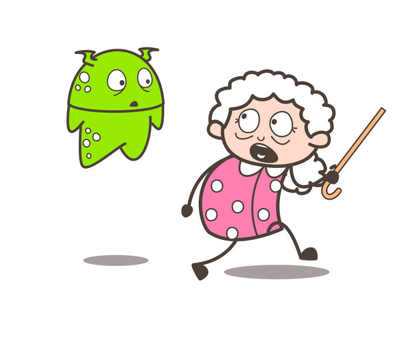 Cartoon Scared Granny with Alien Vector Illustration - Vector, Image