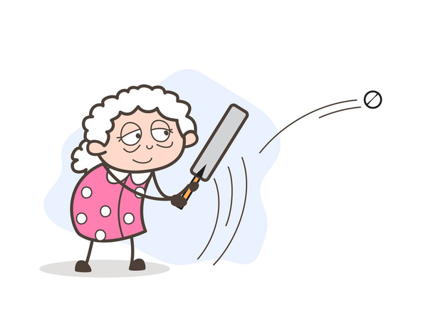 クリケットのベクトル図をプレイ漫画おばあちゃん - ベクター画像