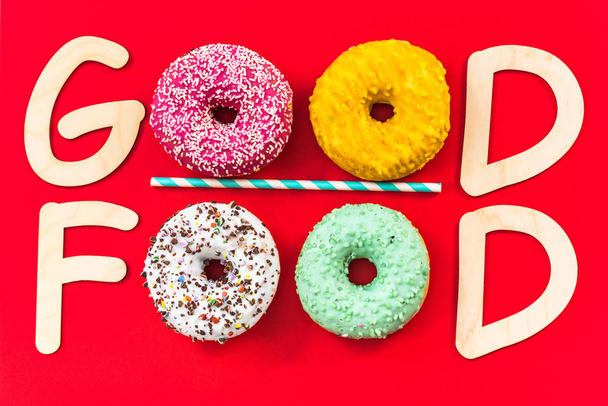 Good food text made from donuts, eating concept - Fotoğraf, Görsel
