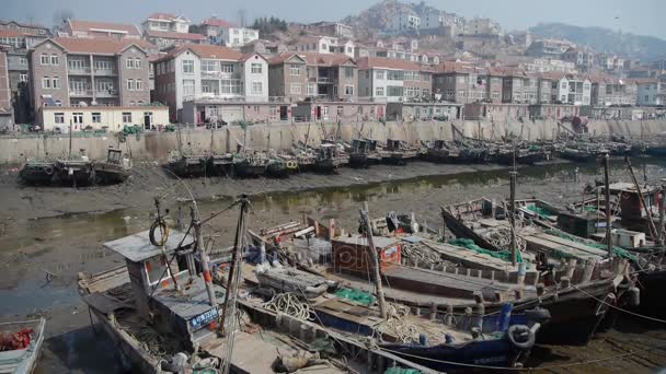 港の船、中国の海辺の町、河口泥クリーンアップ ワーカー. - 映像、動画