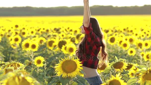 Fröhliche Frau dreht sich im Sonnenblumenfeld - Filmmaterial, Video