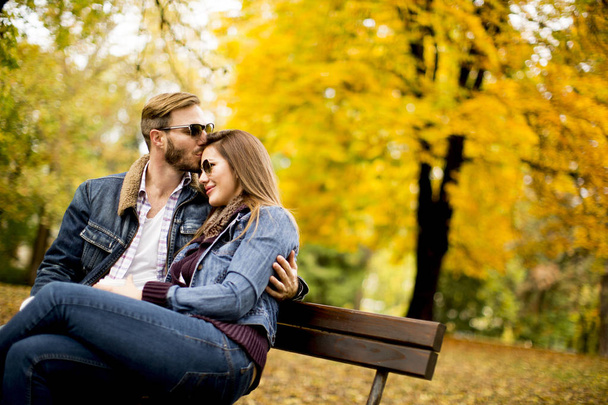 Loving couple in the autumn park - Zdjęcie, obraz