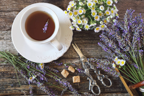 Levandulový čaj, čerstvá levandule a divoké heřmánek - Fotografie, Obrázek