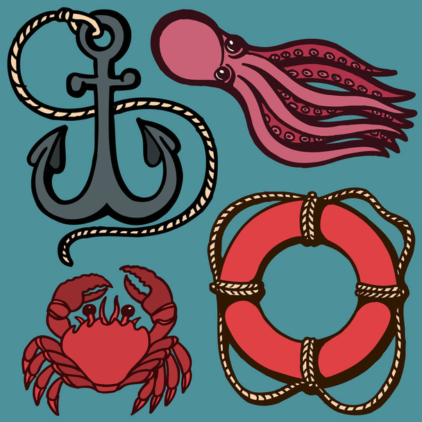 Ship s anchor, lifebuoy and marine animals. Marine set. Isolation objects. Vector illustrations - Vector, Image
