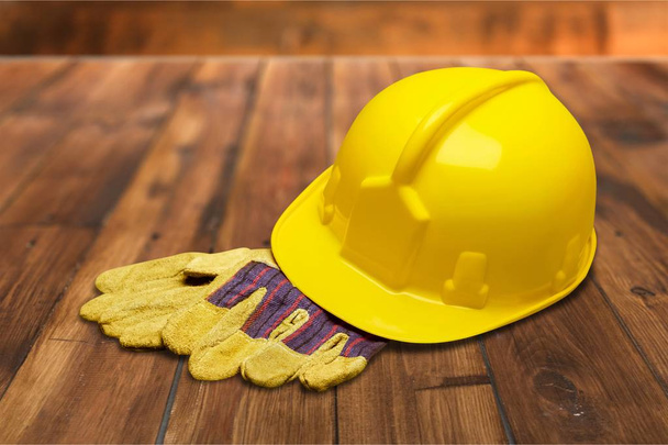 yellow hard hat and  gloves  - Photo, Image
