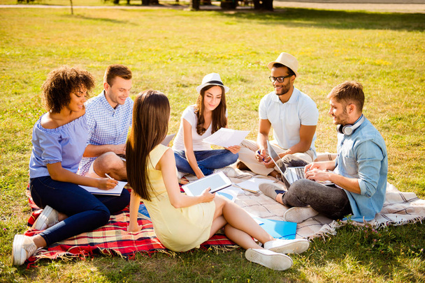 It`s more easy together! Six cheerful classmates are sitting on plaid on the green grass in spring park near campus and study, preparing for exams, tests, looking in camera and smiling - Foto, Imagem