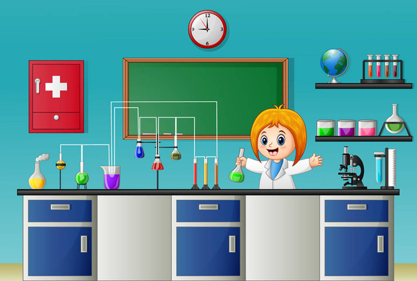 Cartoon meisje bezig met chemische experiment in het laboratorium - Vector, afbeelding