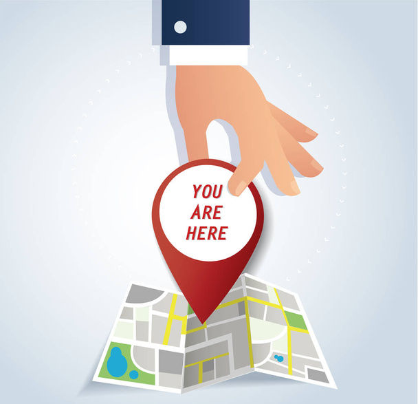 hand holding pin icon on map, red locatin icon vector illustrations - Vettoriali, immagini