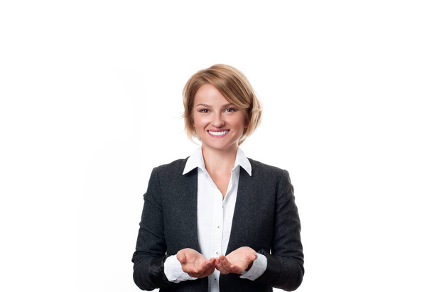 Business woman hold open palm with empty copy space.  - Фото, зображення