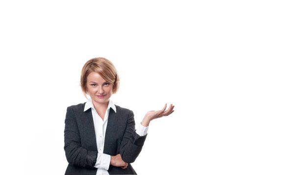 Business woman hold open palm with empty copy space.  - Photo, Image