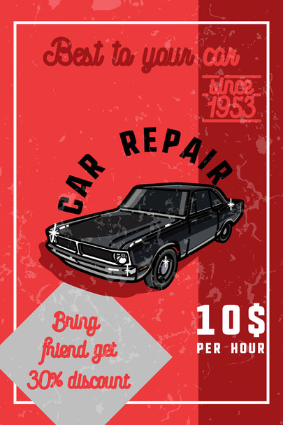 Kleur vintage auto reparatie banner. Goed voor reparatie werkplaats oldtimers veilingen, clubs, tee shirt. - Vector, afbeelding