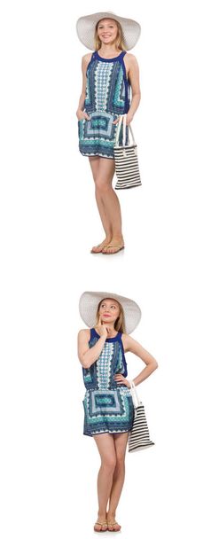 Collage of woman with panama hat isolated on white - Zdjęcie, obraz