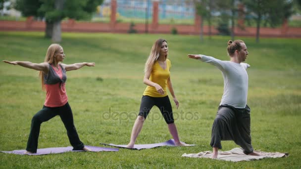 Hombres y mujeres - deportistas en el parque - realiza ejercicios de yoga al aire libre en un parque verde
 - Metraje, vídeo
