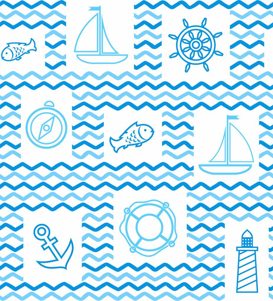 Nautical background, seamless, wave, zigzag, contour drawing, blue and white.    - Вектор,изображение