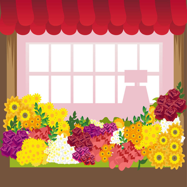 Kukkakaupan kuvitus. Pieni söpö retro talo ja myymälä, putiikki vihreä markiisi. Kukkatalo. Kuluttaja kukkaruukku. Vektori tasainen tyyli kuvake. Kukkakauppa. Ihanat kasvit - Vektori, kuva