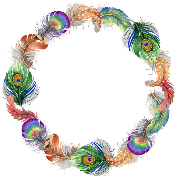Watercolor bird feather wreath from wing. - Zdjęcie, obraz