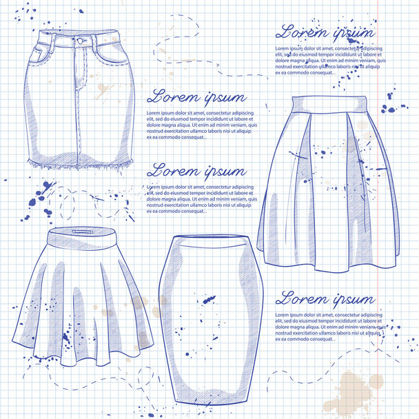 Set of woman casual skirts. Simple flat vector illustration on a notebook page - Vector, afbeelding
