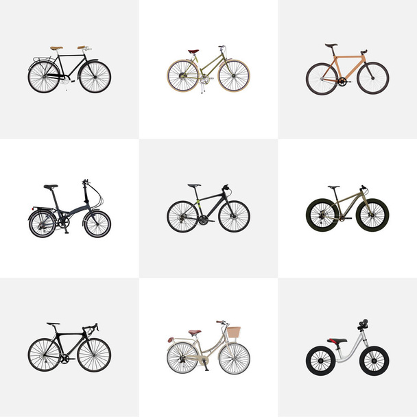 Realista Timbered, moda, plegable Sport-Cycle y otros elementos vectoriales. El sistema de símbolos realistas de la bicicleta también incluye híbrido, marca, objetos de Bmx
. - Vector, Imagen