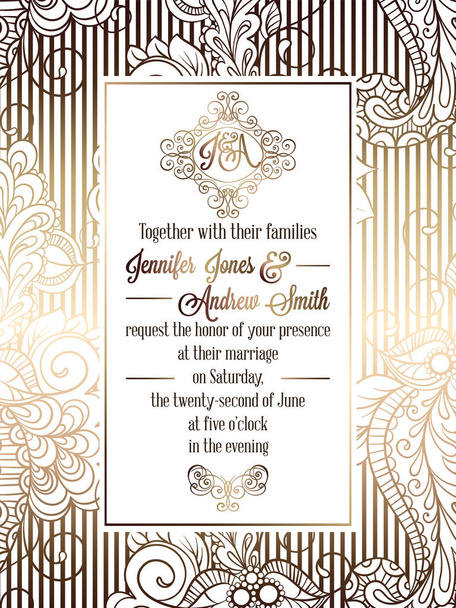 Vintage baroque style wedding invitation card template.. Elegant formal design with damask background, traditional decoration for wedding , gold on white background - Vector, Image