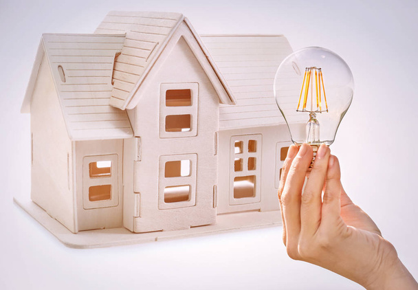 Woman holding light bulb and model of house on background. Concept of energy consumption - Фото, изображение