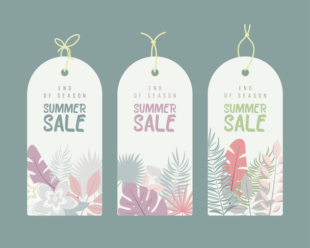End of Season. Summer hand drawn calligraphyc sale tags set. Beautiful summer posters with palm leaves, textures and hand written text. Fashion tags. - Vektör, Görsel
