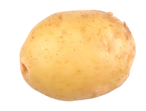 Μια εντελώς φρέσκια πατάτα, απομονωθεί σε λευκό φόντο. Νόστιμη πατάτα για θρεπτικά φυτοφαγικές δίαιτες. Καλοκαιρινή συγκομιδή των λαχανικών. - Φωτογραφία, εικόνα