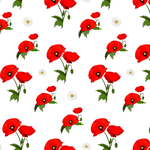 Pattern with chamomile and poppies flowers - Fotoğraf, Görsel