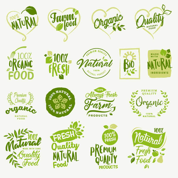 Organic food, farm fresh and natural product stickers and labels collection for food market, ecommerce, organic products promotion, healthy life and premium quality food and drink. - Vector, Image