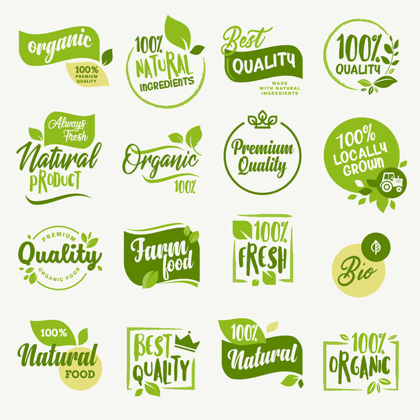 Organic food, farm fresh and natural product stickers and badges collection for food market, ecommerce, organic products promotion, healthy life and premium quality food and drink. - Vector, Image