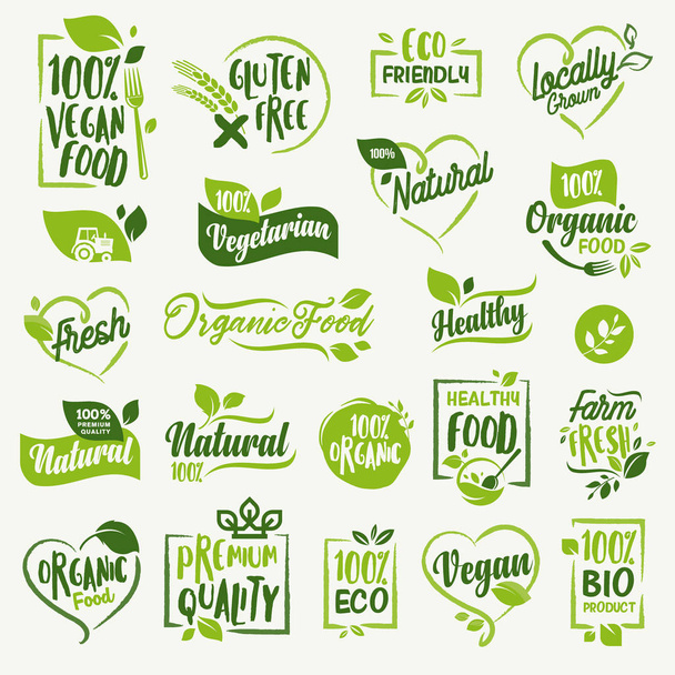 Organic food, farm fresh and natural product labels and badges collection for food market, ecommerce, organic products promotion, healthy life and premium quality food and drink. - Vector, Image
