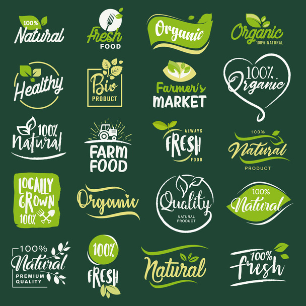 Набір етикеток та значків для органічної їжі та напоїв, ресторан, магазин їжі
 - Вектор, зображення