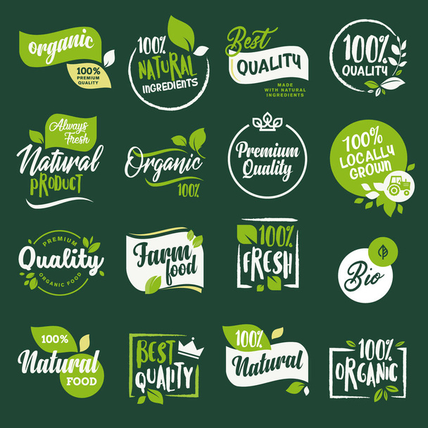 Sada štítků a odznaky pro organické potraviny a pití, restaurace, potraviny uchovávat - Vektor, obrázek