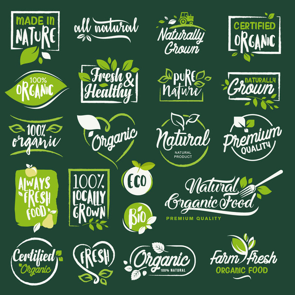Luonnonmukaisten elintarvikkeiden ja juomien, ravintolan, ruokakaupan etiketit ja merkit
 - Vektori, kuva