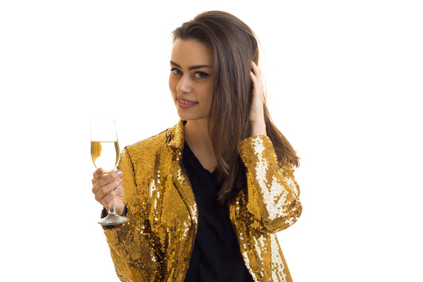 lovely elegant woman in golden jacket with champagne - Photo, image
