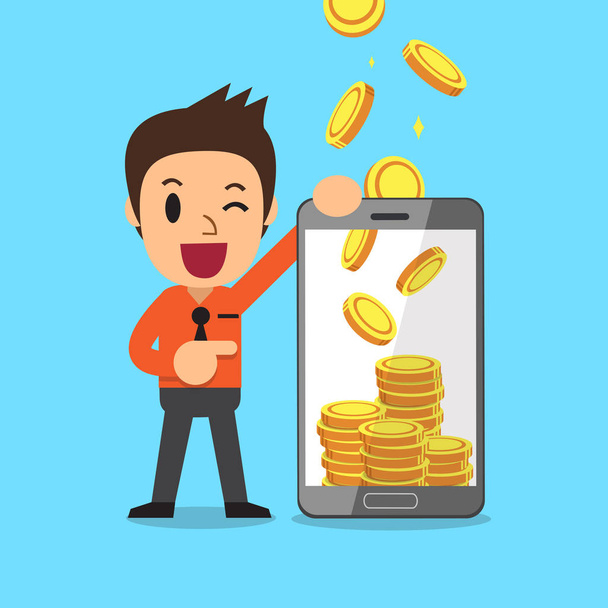 Бізнес концепція мультфільм смартфон допомогти бізнесмену заробити гроші
 - Вектор, зображення