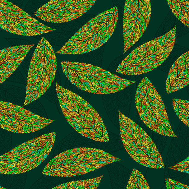 Vector seamless pattern. Openwork mosaic multicolor autumn leaves on a dark background. Picture of falling leaves for decoration background on autumn theme. - Vektör, Görsel