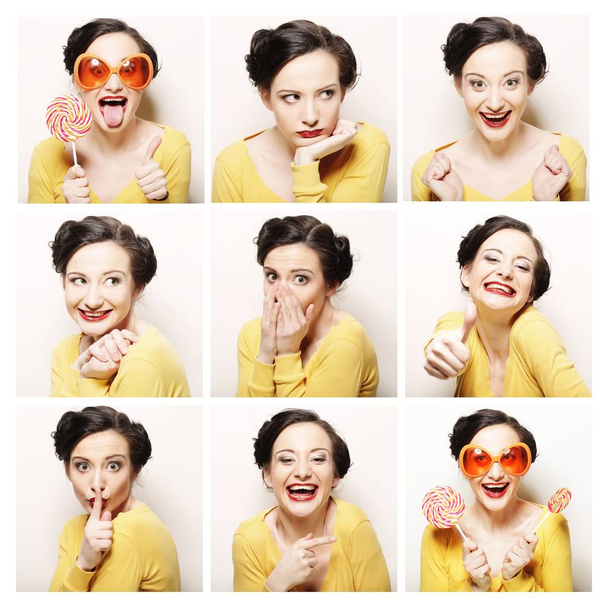 Collage derselben Frau mit unterschiedlichen Gesichtsausdrücken - Foto, Bild