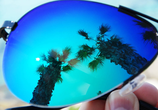 soleil et paumes reflétant dans les lunettes de soleil fond de vacances d'été
 - Photo, image