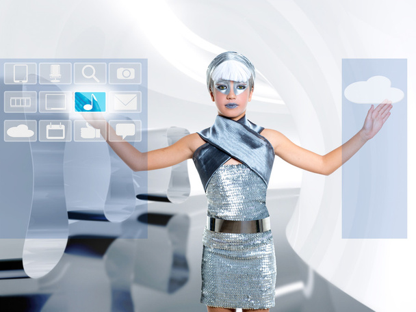 futuristic children girl in silver touch finger icloud icon - Photo, image