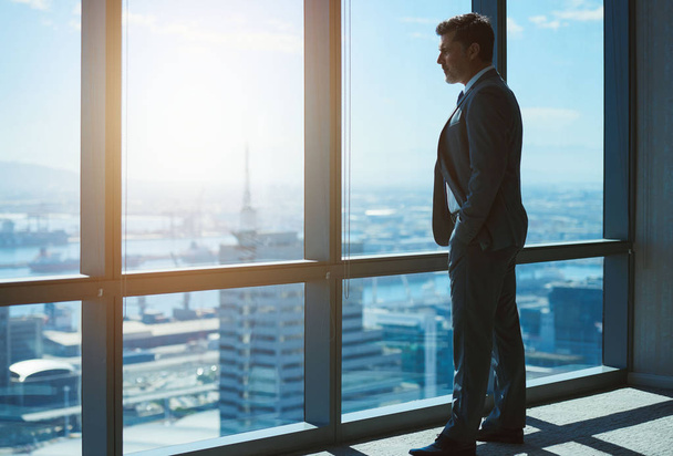 Mature business executive and leader standing confidently with hands in his pockets, in the the top floor office, looking at the city below through large windows - Valokuva, kuva