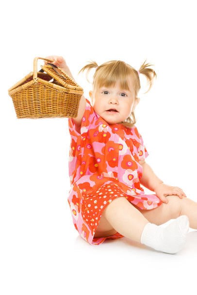 Small smiling baby in red dress with toy - Zdjęcie, obraz