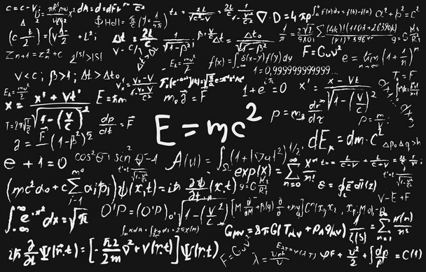 Blackboard inscribed with scientific formulas and calculations in physics and mathematics. - Vector, Image